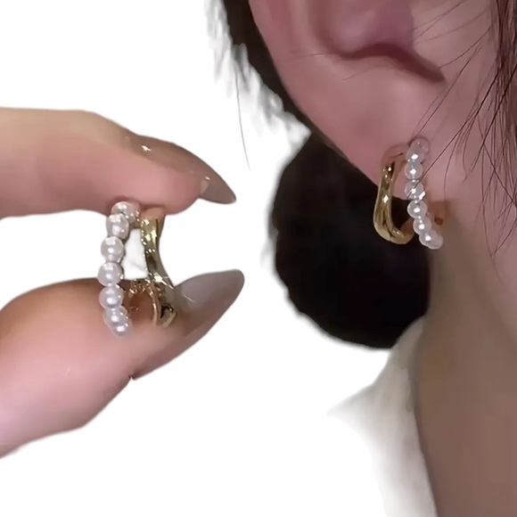 Gold and Mini Pearl Double Layer Hoop Earrings - Picture 4 of 5